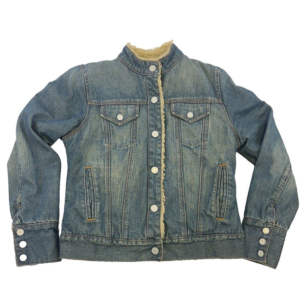 Gap Vintage Sherpa Lined Denim Jean Jacket Button High Collar Western Womens M